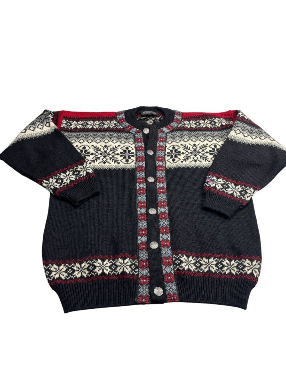 Norwool Norwegian Cardigan Sweater Large Black Red White Snowflake Pure Wool Nor